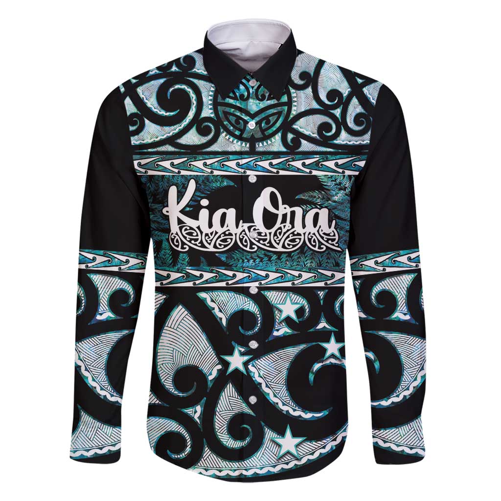 Kia Ora New Zealand Family Matching Tank Maxi Dress and Hawaiian Shirt Aotearoa Proud Maori Paua Shell Silver Fern LT14 Dad's Shirt - Long Sleeve Black - Polynesian Pride