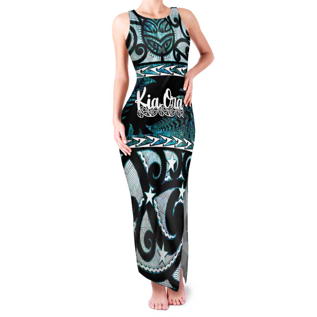 Kia Ora New Zealand Family Matching Tank Maxi Dress and Hawaiian Shirt Aotearoa Proud Maori Paua Shell Silver Fern LT14 Mom's Dress Black - Polynesian Pride