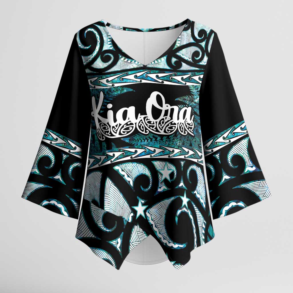 Kia Ora New Zealand Kimono Sleeve Blouse Aotearoa Proud Maori Paua Shell Silver Fern - Polynesian Pride