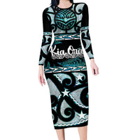 Kia Ora New Zealand Long Sleeve Bodycon Dress Aotearoa Proud Maori Paua Shell Silver Fern LT14 Long Dress Black - Polynesian Pride