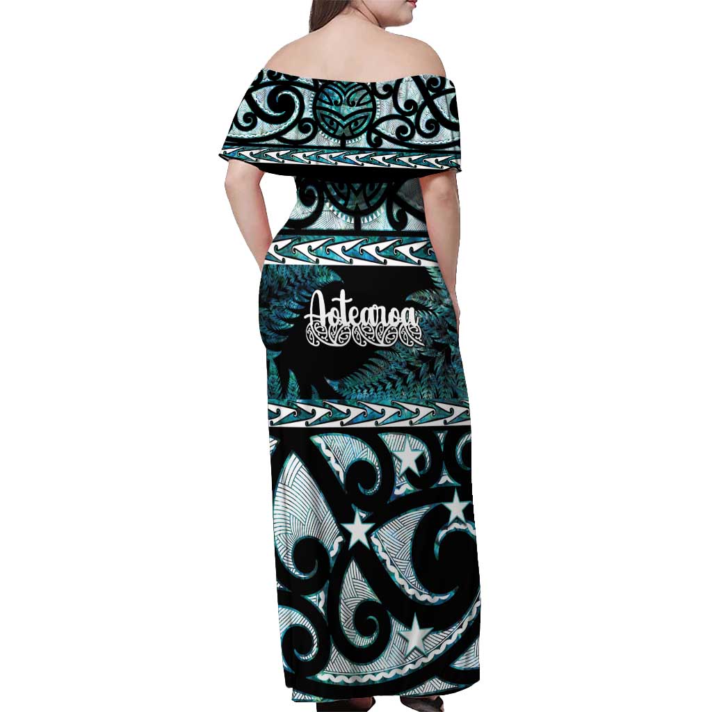 Kia Ora New Zealand Off Shoulder Maxi Dress Aotearoa Proud Maori Paua Shell Silver Fern - Polynesian Pride