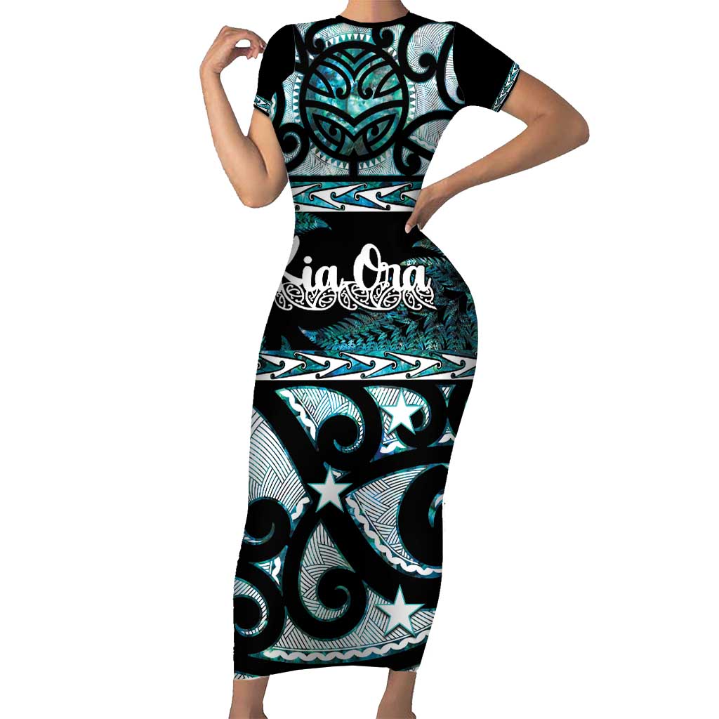 Kia Ora New Zealand Short Sleeve Bodycon Dress Aotearoa Proud Maori Paua Shell Silver Fern - Polynesian Pride