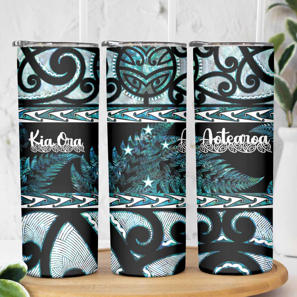 Kia Ora New Zealand Skinny Tumbler Aotearoa Proud Maori Paua Shell Silver Fern LT14 - Polynesian Pride