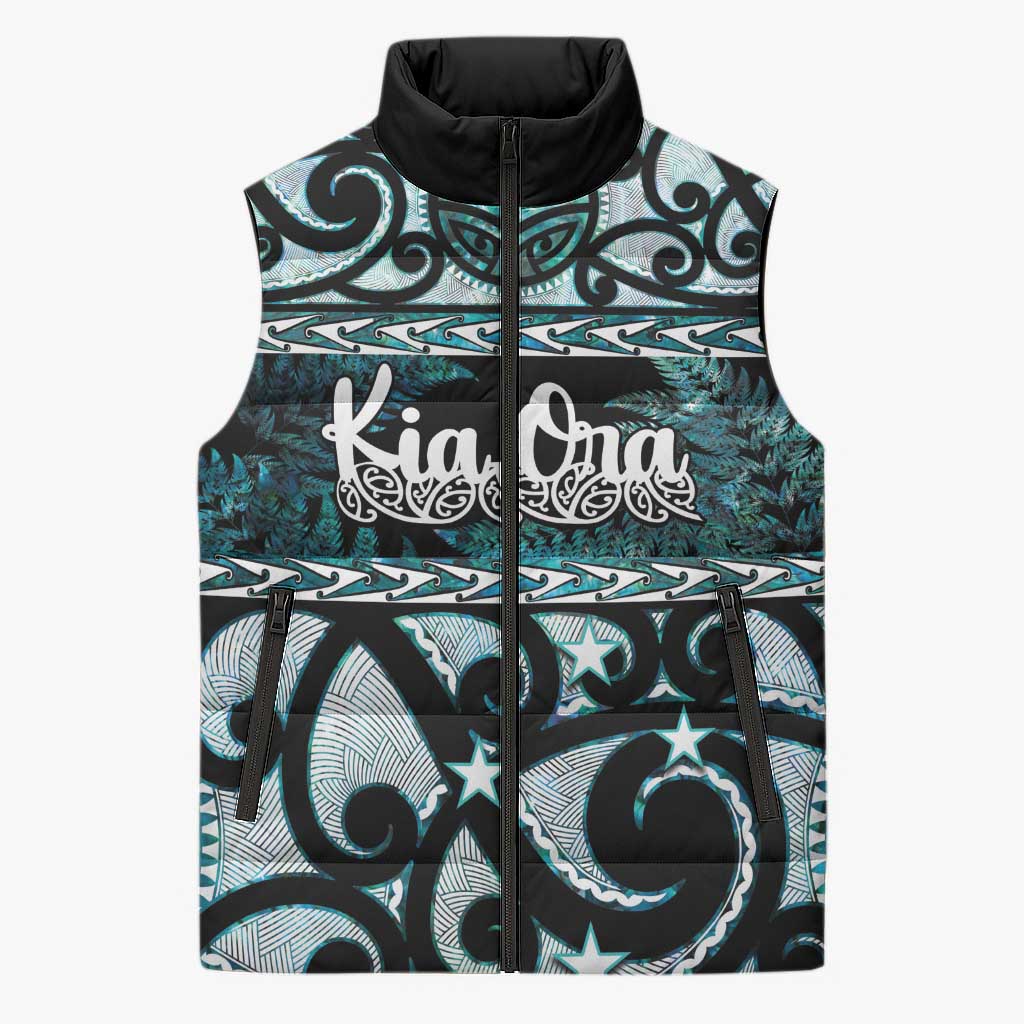 Kia Ora New Zealand Sleeveless Puffer Jacket Aotearoa Proud Maori Paua Shell Silver Fern - Polynesian Pride