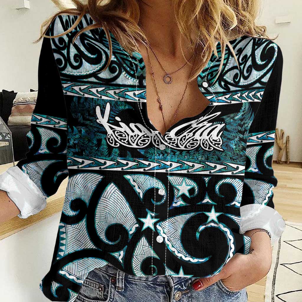 Kia Ora New Zealand Women Casual Shirt Aotearoa Proud Maori Paua Shell Silver Fern LT14 Female Black - Polynesian Pride