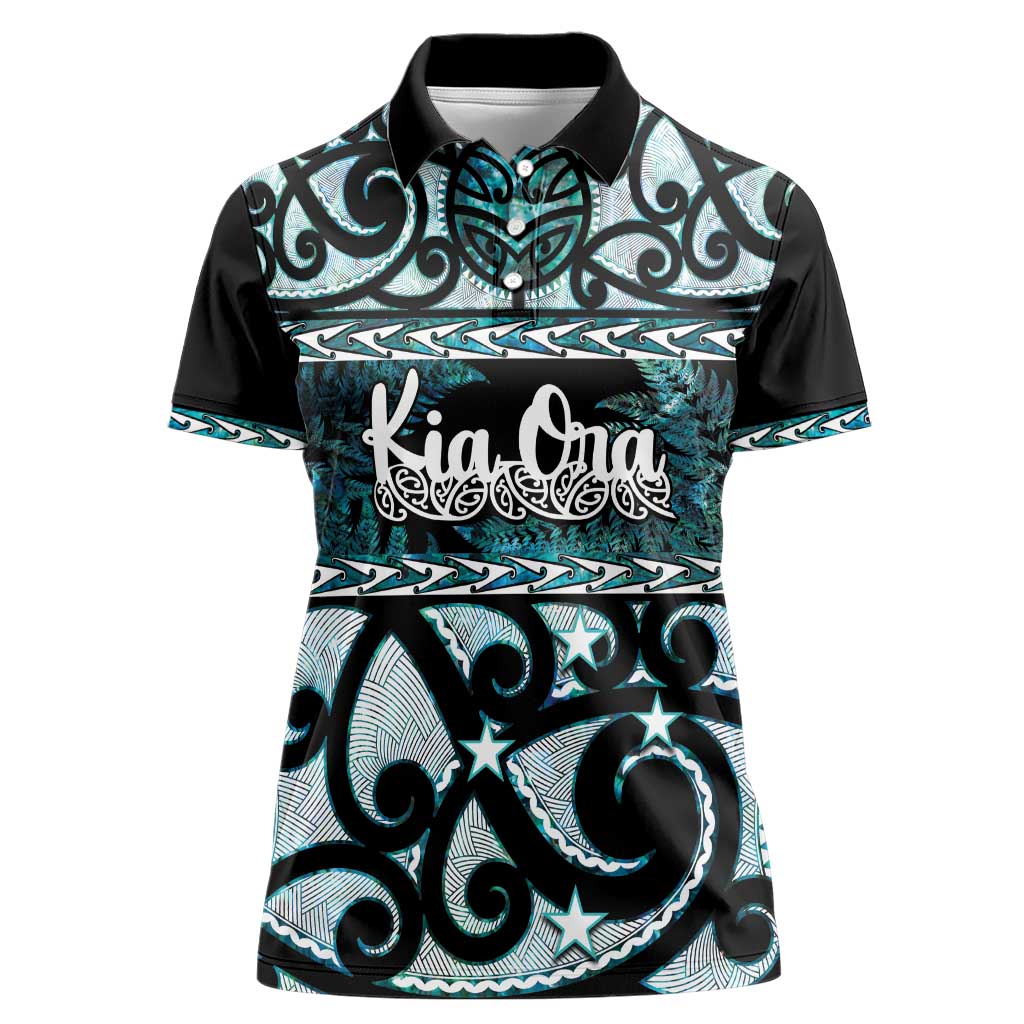 Kia Ora New Zealand Women Polo Shirt Aotearoa Proud Maori Paua Shell Silver Fern LT14 Female Black - Polynesian Pride