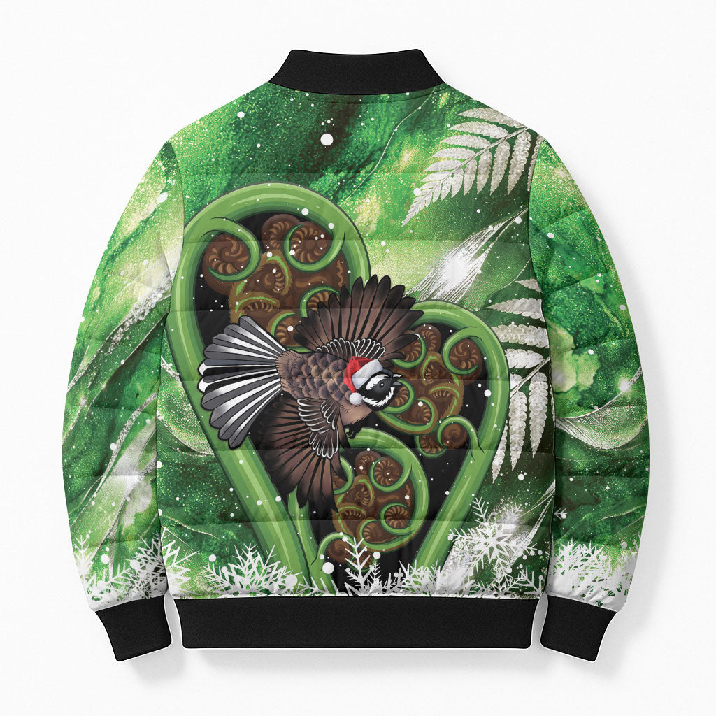 Piwakawaka New Zealand Christmas In July Bomber Puffer Jacket NZ Aroha Koru Fern Marble Vibes