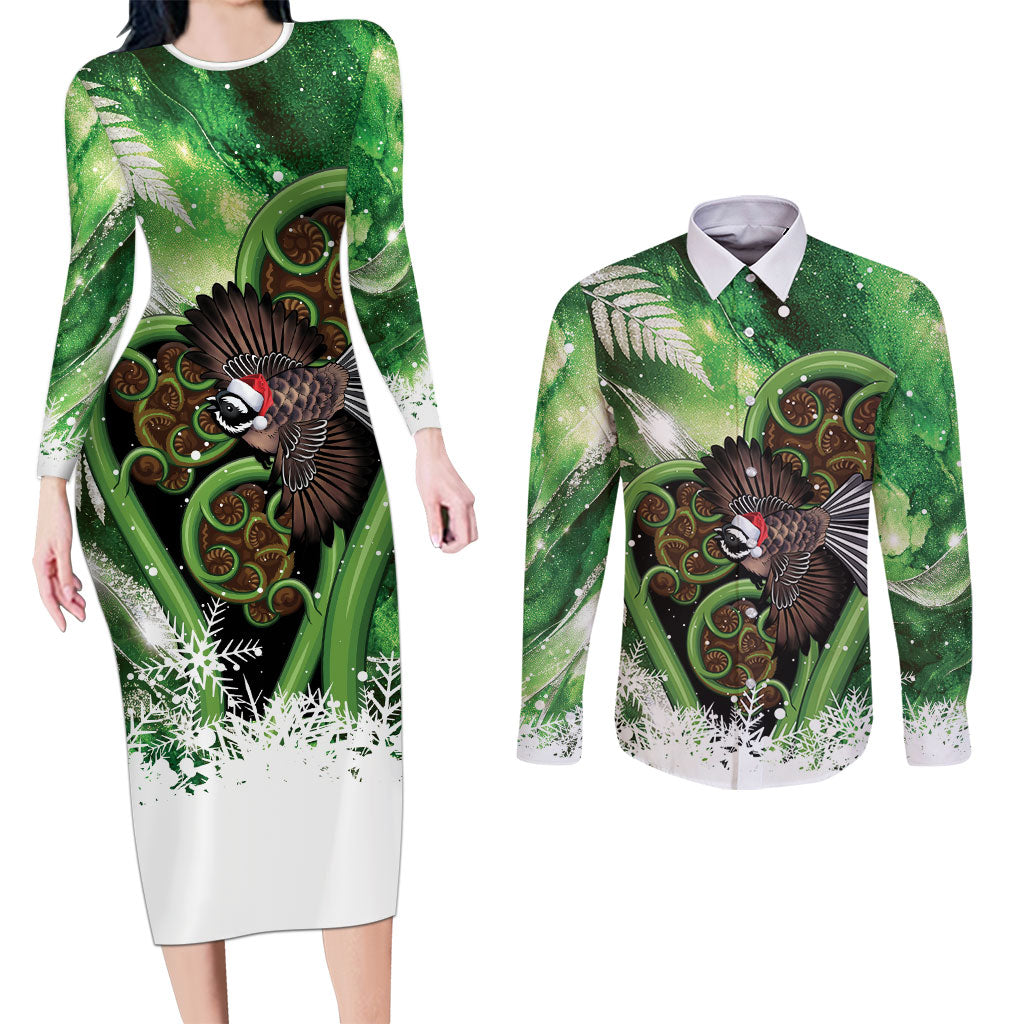 Piwakawaka New Zealand Christmas In July Couples Matching Long Sleeve Bodycon Dress and Long Sleeve Button Shirt NZ Aroha Koru Fern Marble Vibes LT14 Green - Polynesian Pride