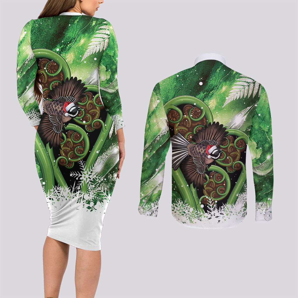Piwakawaka New Zealand Christmas In July Couples Matching Long Sleeve Bodycon Dress and Long Sleeve Button Shirt NZ Aroha Koru Fern Marble Vibes LT14 - Polynesian Pride
