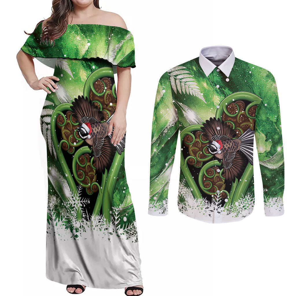 Piwakawaka New Zealand Christmas In July Couples Matching Off Shoulder Maxi Dress and Long Sleeve Button Shirt NZ Aroha Koru Fern Marble Vibes LT14 Green - Polynesian Pride