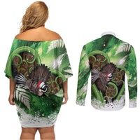 Piwakawaka New Zealand Christmas In July Couples Matching Off Shoulder Short Dress and Long Sleeve Button Shirt NZ Aroha Koru Fern Marble Vibes LT14 - Polynesian Pride