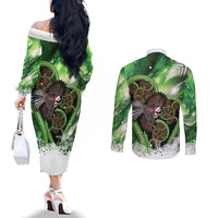 Piwakawaka New Zealand Christmas In July Couples Matching Off The Shoulder Long Sleeve Dress and Long Sleeve Button Shirt NZ Aroha Koru Fern Marble Vibes LT14 - Polynesian Pride