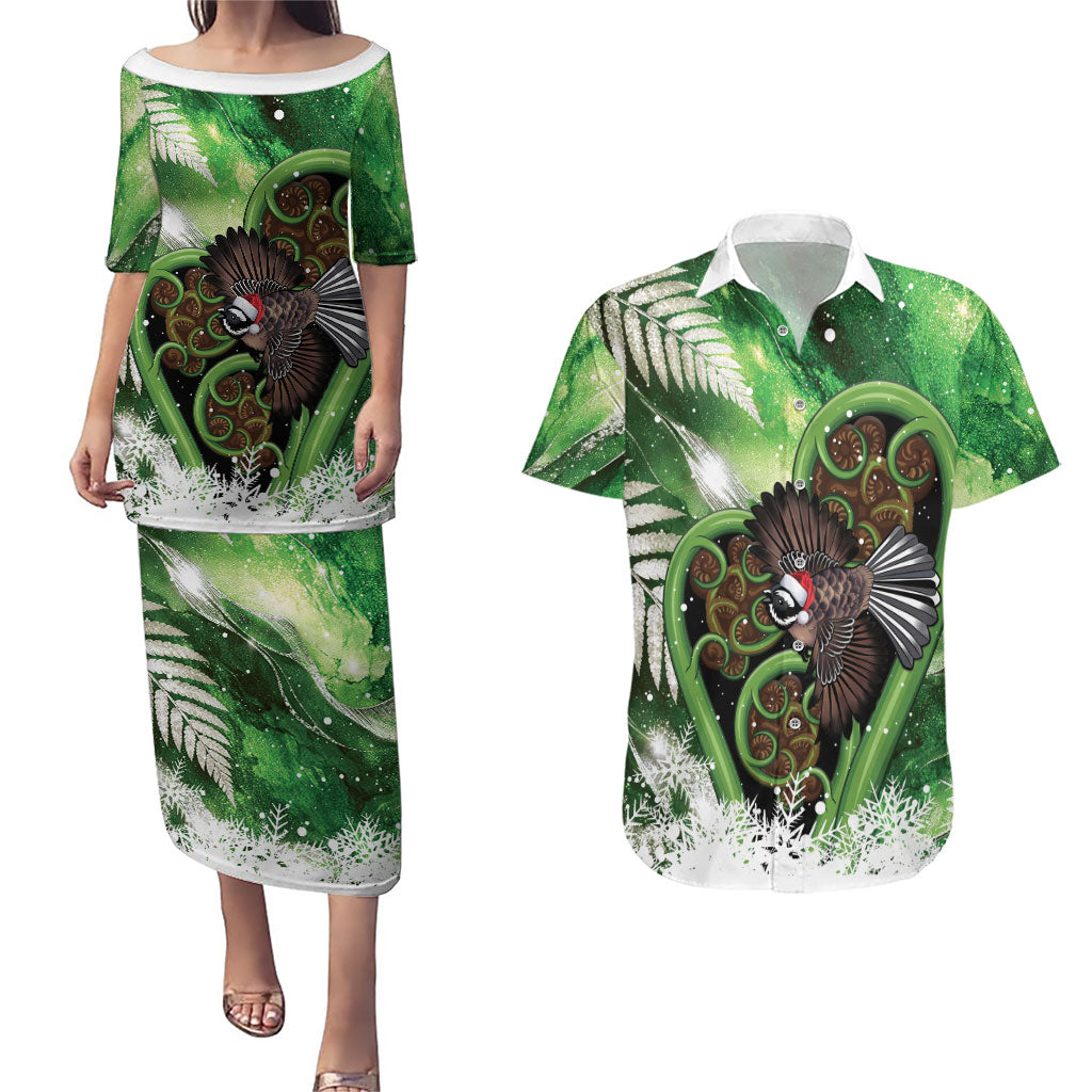 Piwakawaka New Zealand Christmas In July Couples Matching Puletasi and Hawaiian Shirt NZ Aroha Koru Fern Marble Vibes LT14 Green - Polynesian Pride