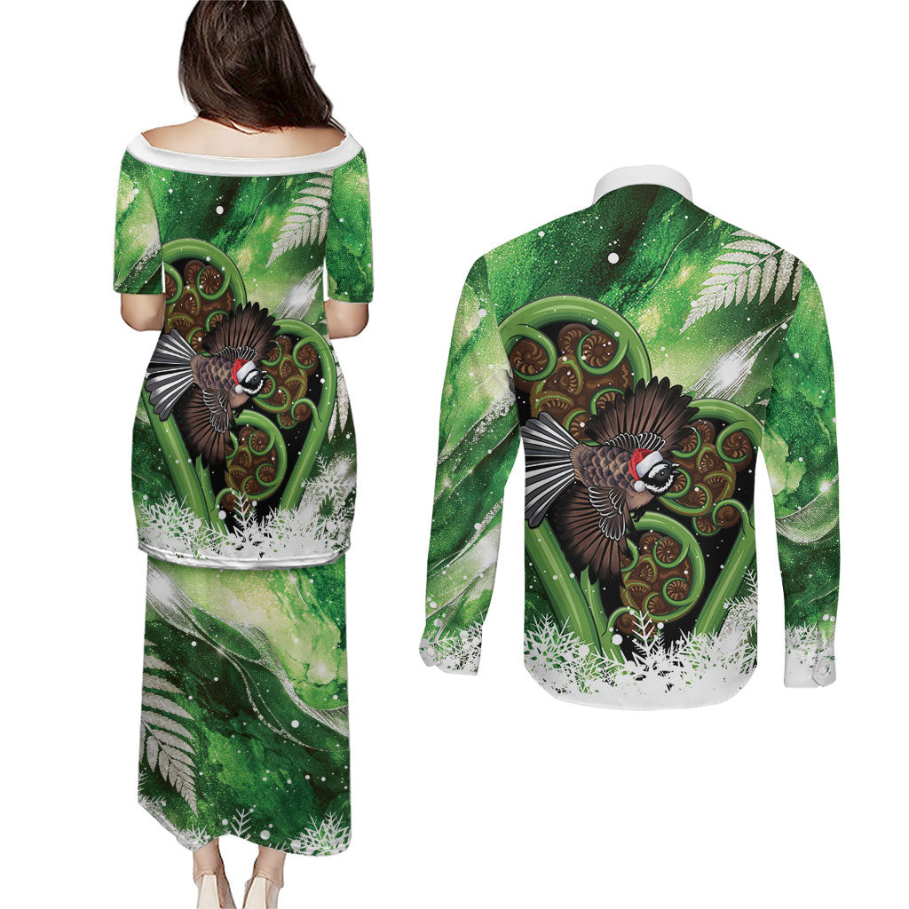 Piwakawaka New Zealand Christmas In July Couples Matching Puletasi and Long Sleeve Button Shirt NZ Aroha Koru Fern Marble Vibes LT14 - Polynesian Pride