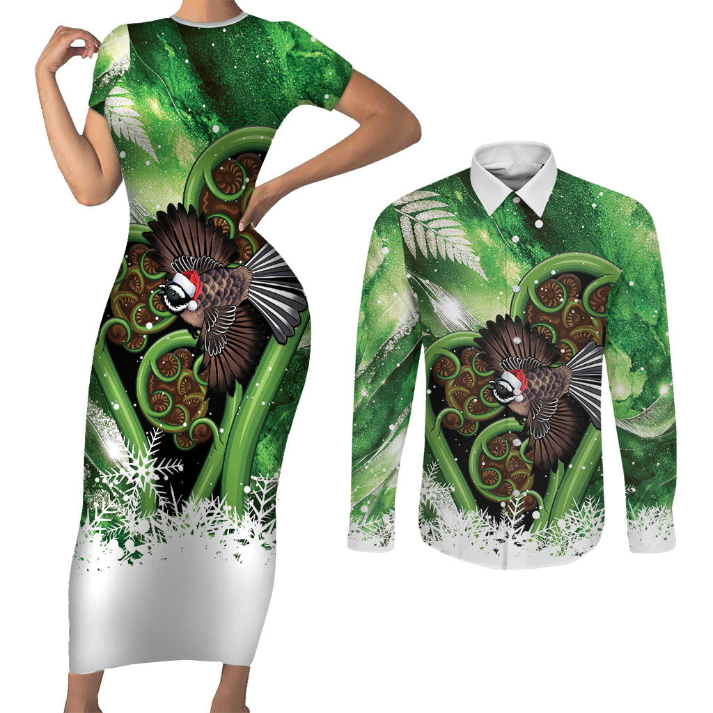 Piwakawaka New Zealand Christmas In July Couples Matching Short Sleeve Bodycon Dress and Long Sleeve Button Shirt NZ Aroha Koru Fern Marble Vibes LT14 Green - Polynesian Pride