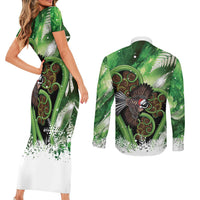 Piwakawaka New Zealand Christmas In July Couples Matching Short Sleeve Bodycon Dress and Long Sleeve Button Shirt NZ Aroha Koru Fern Marble Vibes LT14 - Polynesian Pride
