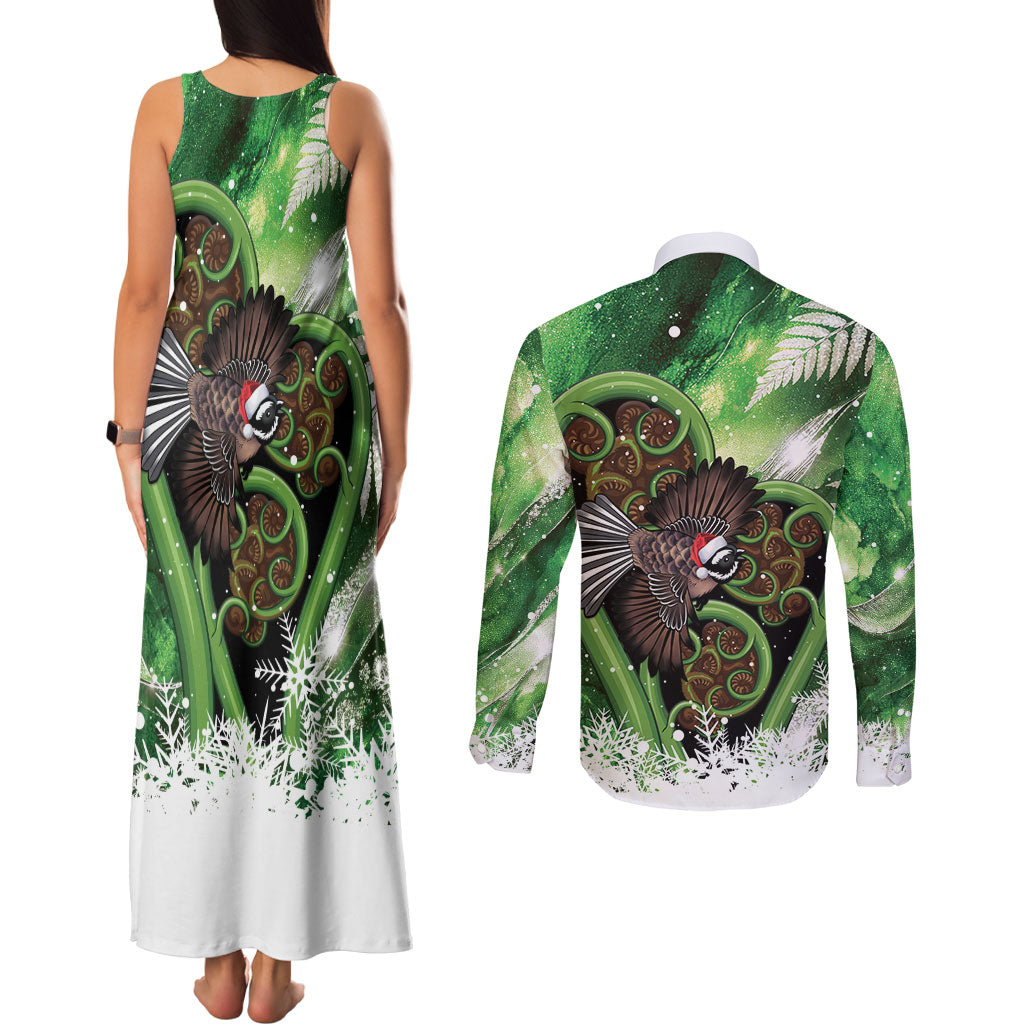 Piwakawaka New Zealand Christmas In July Couples Matching Tank Maxi Dress and Long Sleeve Button Shirt NZ Aroha Koru Fern Marble Vibes LT14 - Polynesian Pride