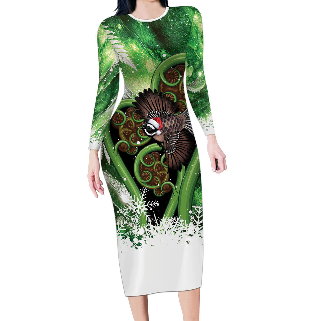 Piwakawaka New Zealand Christmas In July Family Matching Long Sleeve Bodycon Dress and Hawaiian Shirt NZ Aroha Koru Fern Marble Vibes LT14 Mom's Dress Green - Polynesian Pride