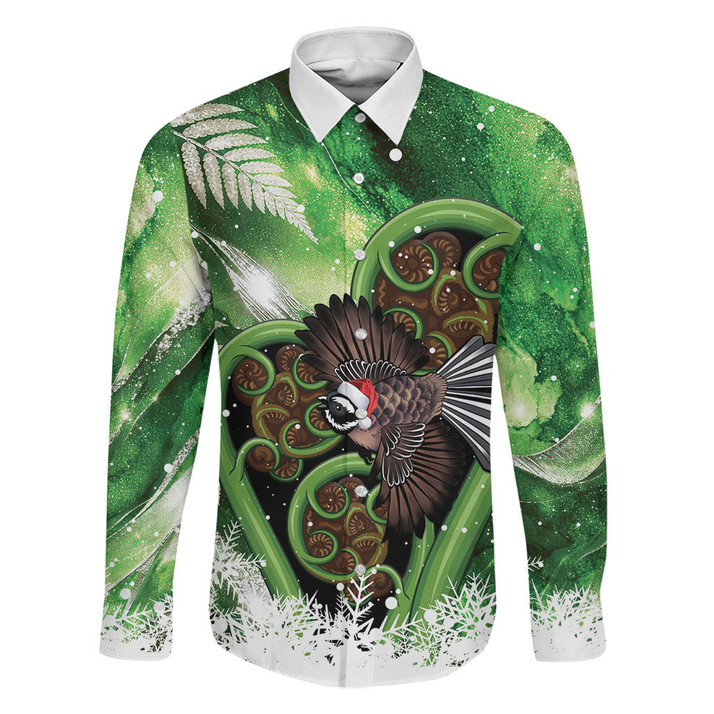 Piwakawaka New Zealand Christmas In July Family Matching Mermaid Dress and Hawaiian Shirt NZ Aroha Koru Fern Marble Vibes LT14 Dad's Shirt - Long Sleeve Green - Polynesian Pride
