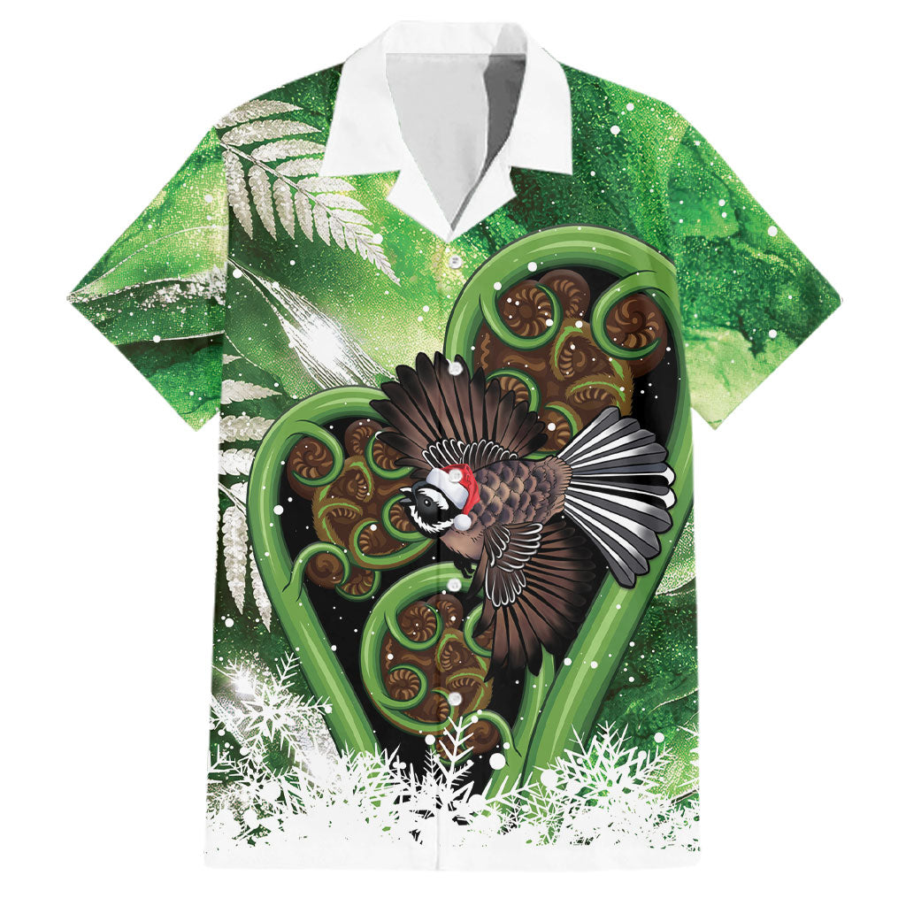 Piwakawaka New Zealand Christmas In July Family Matching Off The Shoulder Long Sleeve Dress and Hawaiian Shirt NZ Aroha Koru Fern Marble Vibes LT14 Dad's Shirt - Short Sleeve Green - Polynesian Pride