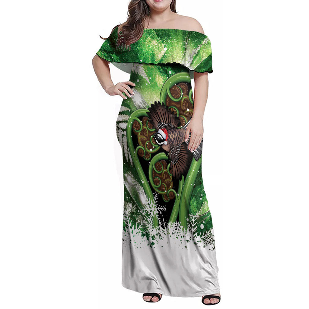 Piwakawaka New Zealand Christmas In July Family Matching Off Shoulder Maxi Dress and Hawaiian Shirt NZ Aroha Koru Fern Marble Vibes LT14 Mom's Dress Green - Polynesian Pride