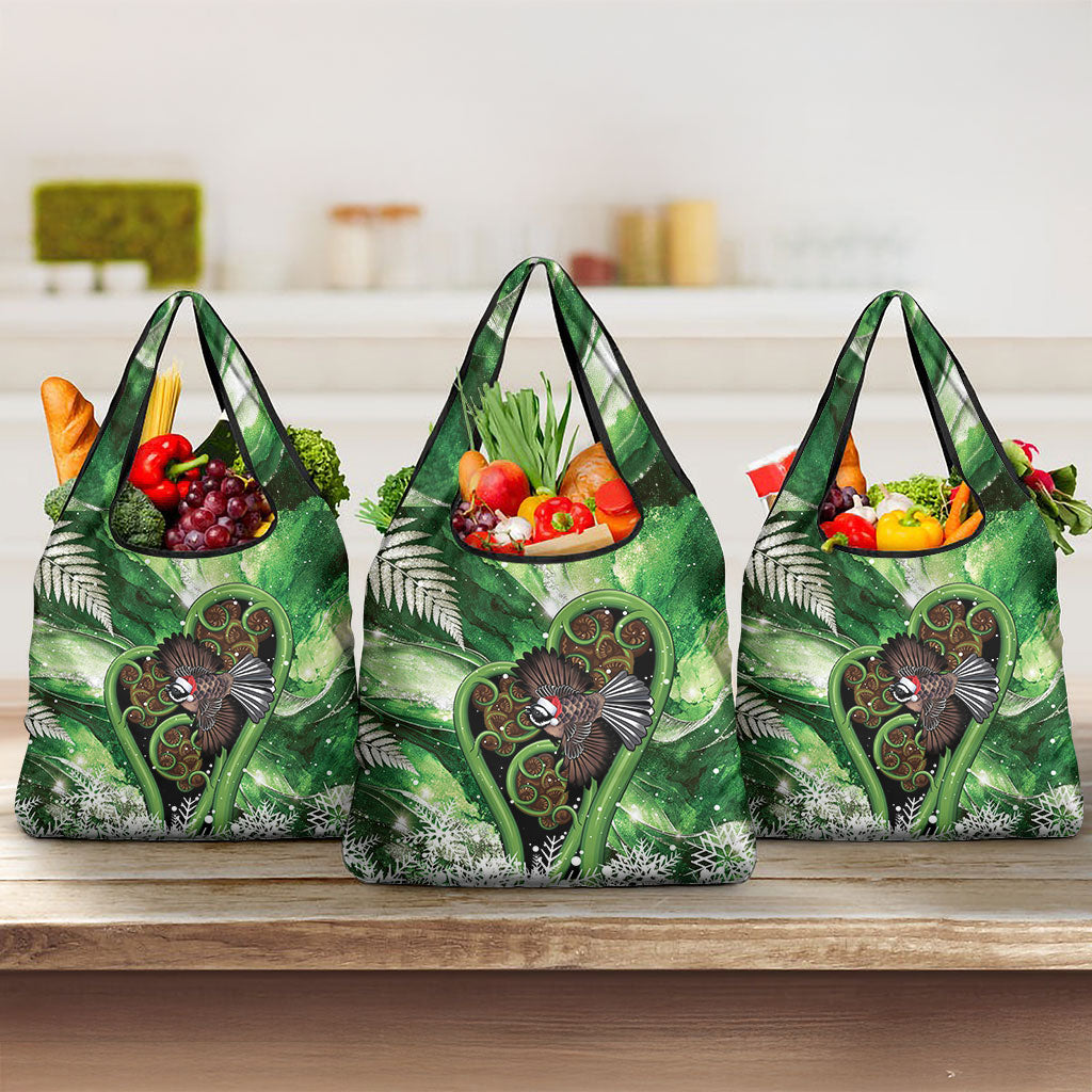 Piwakawaka New Zealand Christmas In July Grocery Bag NZ Aroha Koru Fern Marble Vibes LT14 3-pack One Size Green - Polynesian Pride