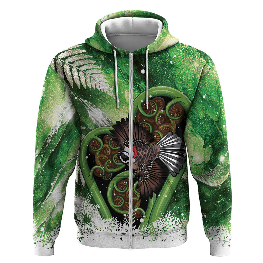 Piwakawaka New Zealand Christmas In July Hoodie NZ Aroha Koru Fern Marble Vibes LT14 Zip Hoodie Green - Polynesian Pride