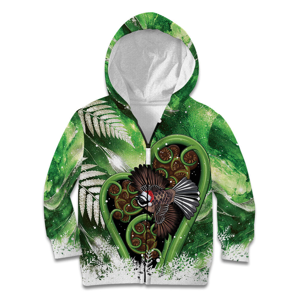 Piwakawaka New Zealand Christmas In July Kid Hoodie NZ Aroha Koru Fern Marble Vibes LT14 Zip Hoodie Green - Polynesian Pride