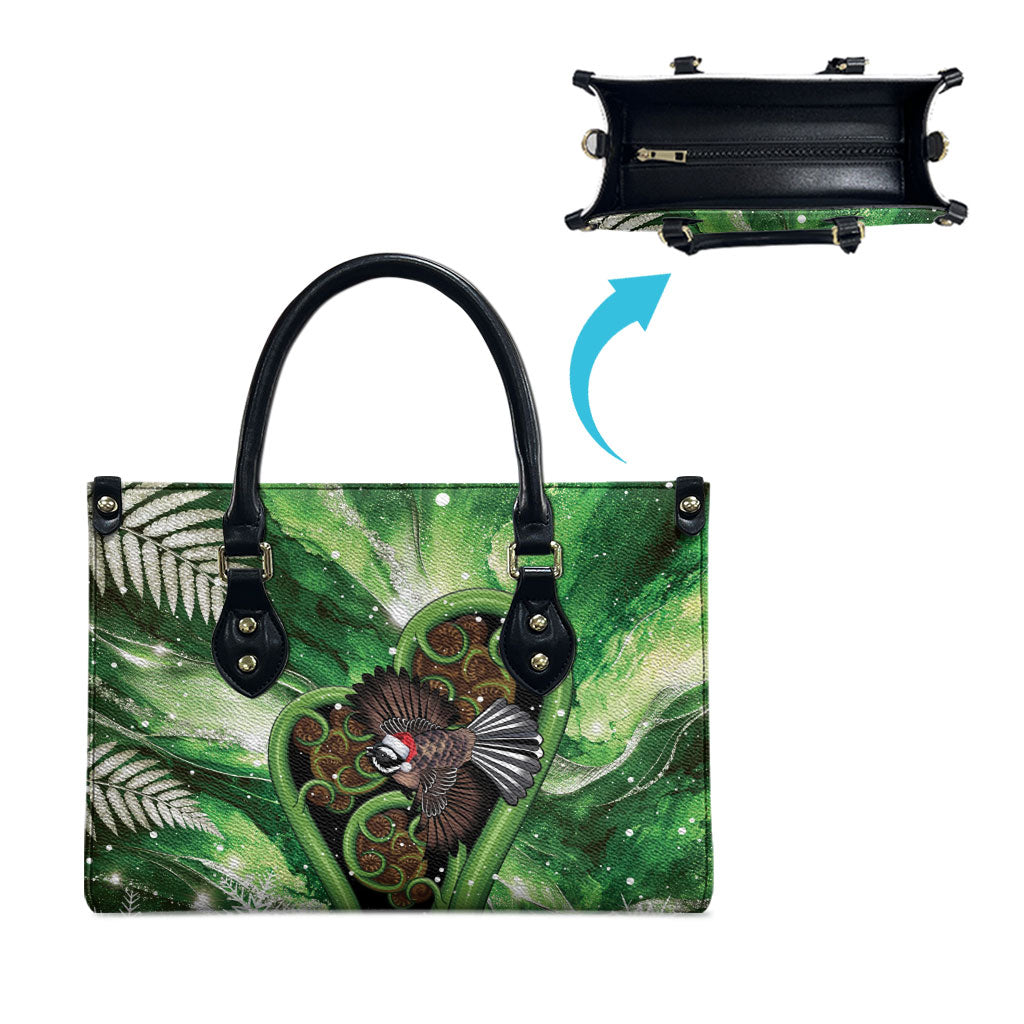 Piwakawaka New Zealand Christmas In July Leather Bag NZ Aroha Koru Fern Marble Vibes