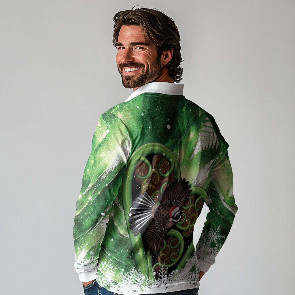 Piwakawaka New Zealand Christmas In July Long Sleeve Polo Shirt NZ Aroha Koru Fern Marble Vibes LT14 - Polynesian Pride