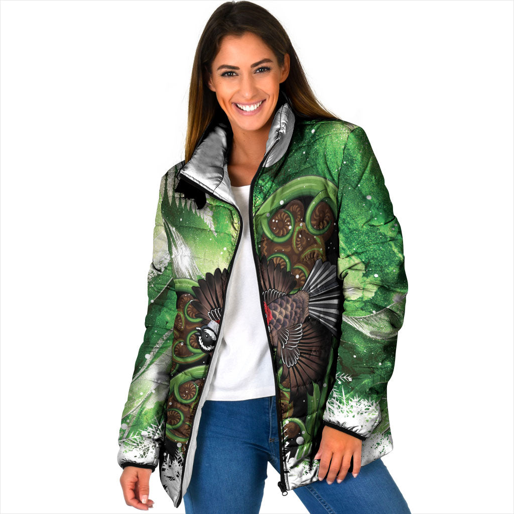 Piwakawaka New Zealand Christmas In July Padded Jacket NZ Aroha Koru Fern Marble Vibes