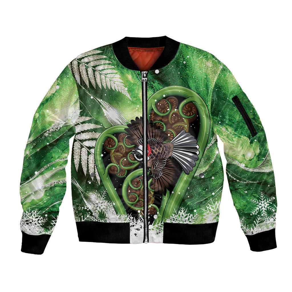 Piwakawaka New Zealand Christmas In July Sleeve Zip Bomber Jacket NZ Aroha Koru Fern Marble Vibes