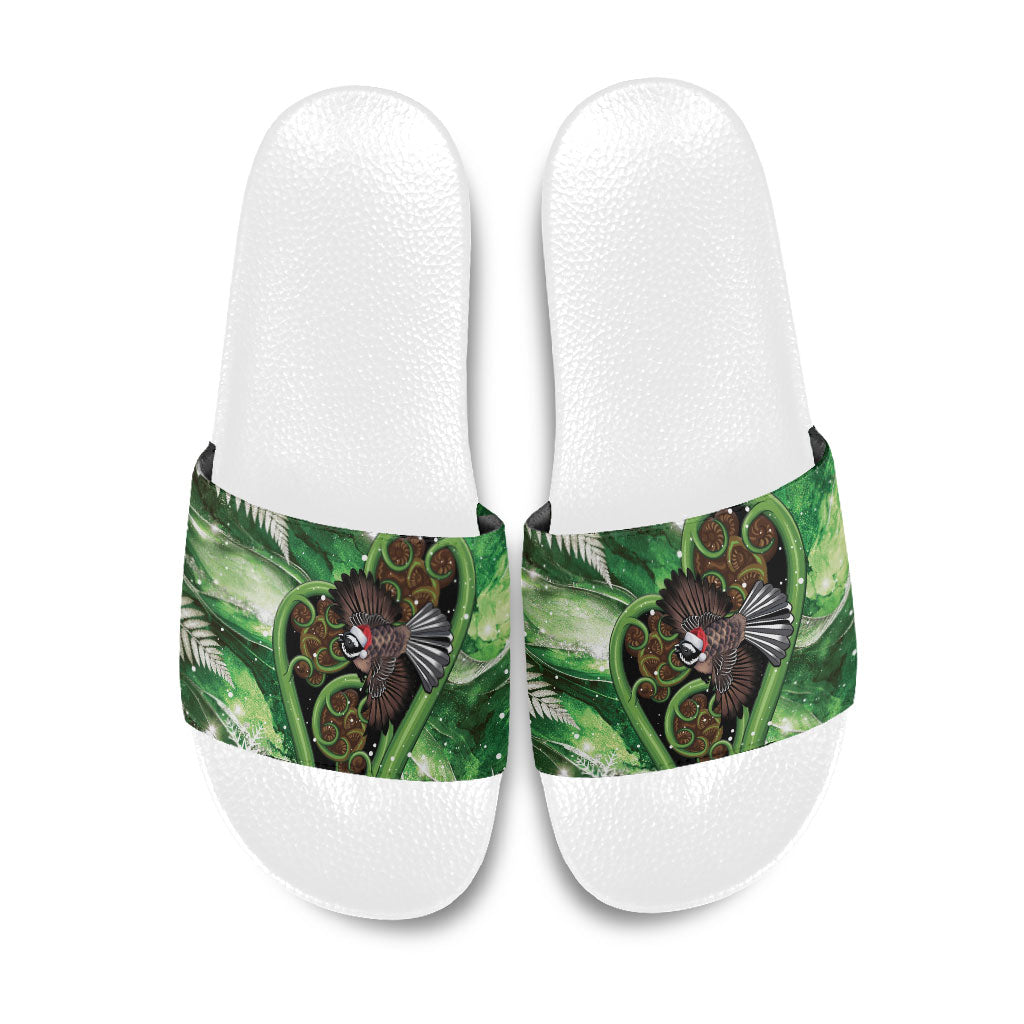 Piwakawaka New Zealand Christmas In July Slide Sandals NZ Aroha Koru Fern Marble Vibes LT14 Green - Polynesian Pride