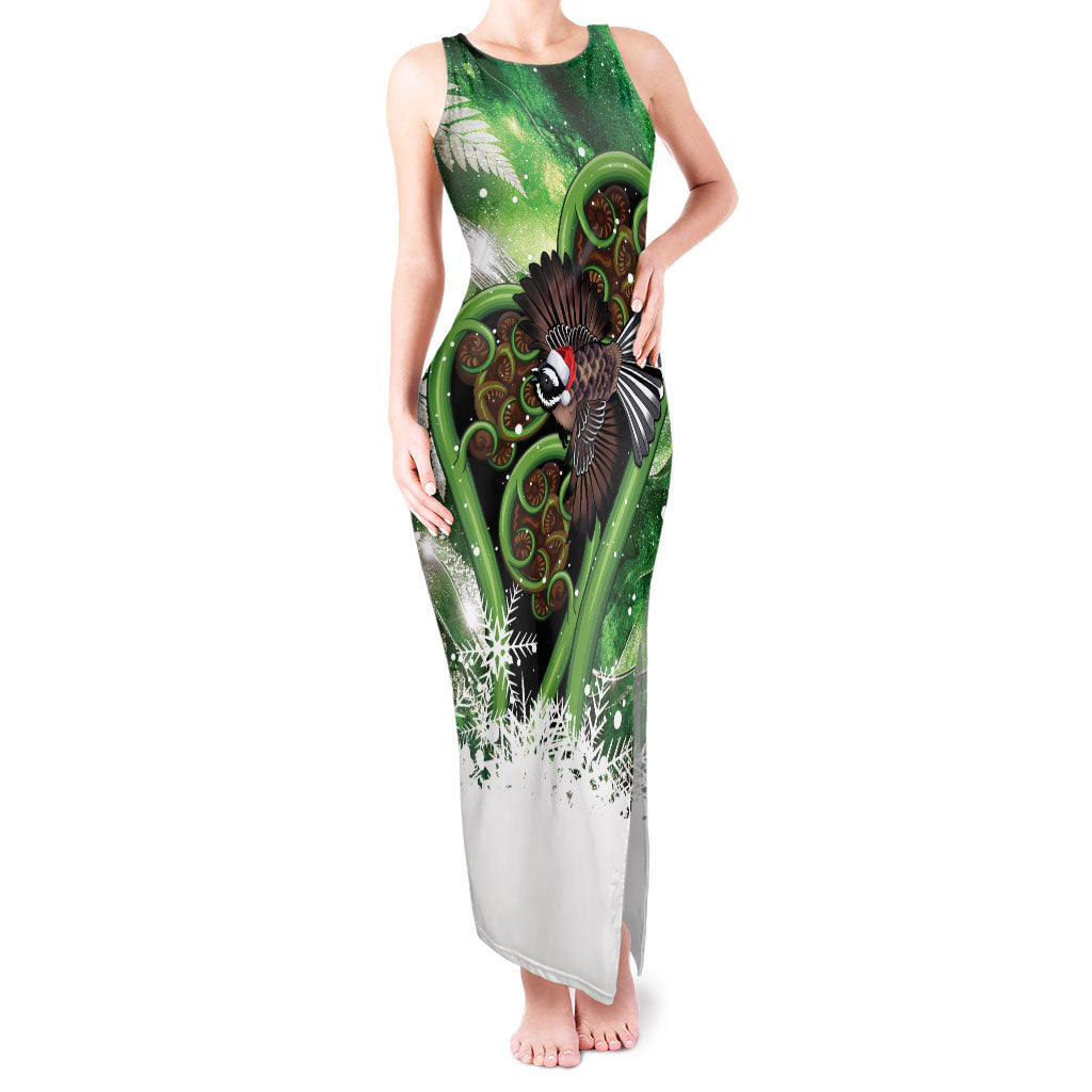Piwakawaka New Zealand Christmas In July Tank Maxi Dress NZ Aroha Koru Fern Marble Vibes LT14 Women Green - Polynesian Pride