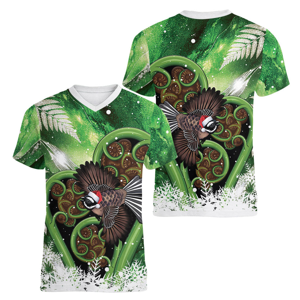 Piwakawaka New Zealand Christmas In July Women V-Neck T-Shirt NZ Aroha Koru Fern Marble Vibes LT14 - Polynesian Pride