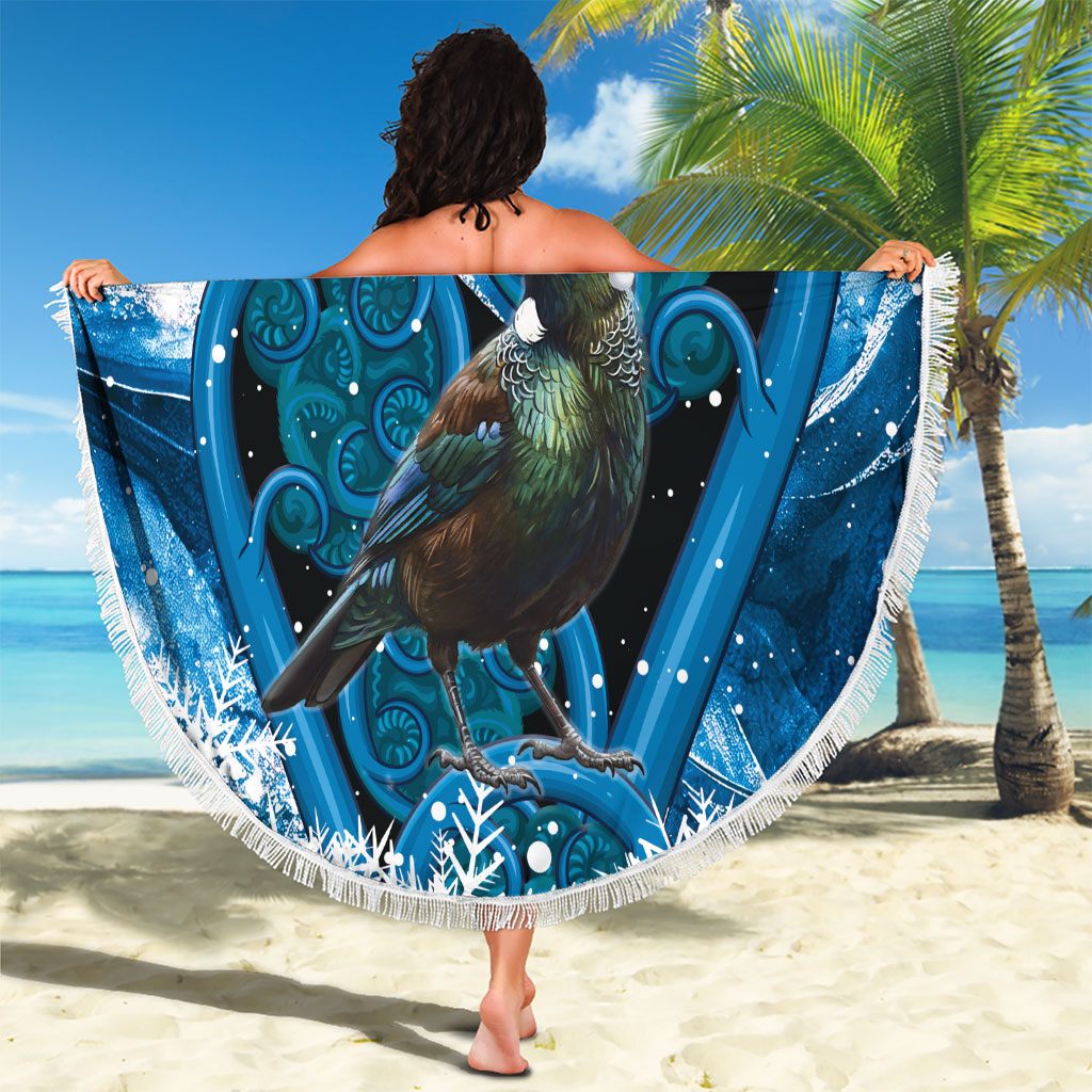 Tui Bird New Zealand Christmas In July Beach Blanket NZ Aroha Koru Fern Marble Vibes