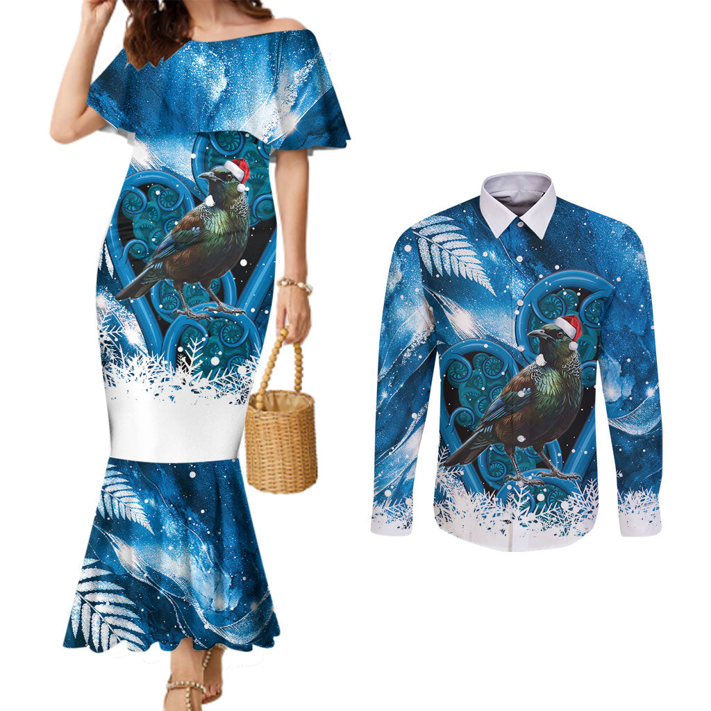 Tui Bird New Zealand Christmas In July Couples Matching Mermaid Dress and Long Sleeve Button Shirt NZ Aroha Koru Fern Marble Vibes LT14 Blue - Polynesian Pride