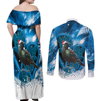 Tui Bird New Zealand Christmas In July Couples Matching Off Shoulder Maxi Dress and Long Sleeve Button Shirt NZ Aroha Koru Fern Marble Vibes LT14 - Polynesian Pride