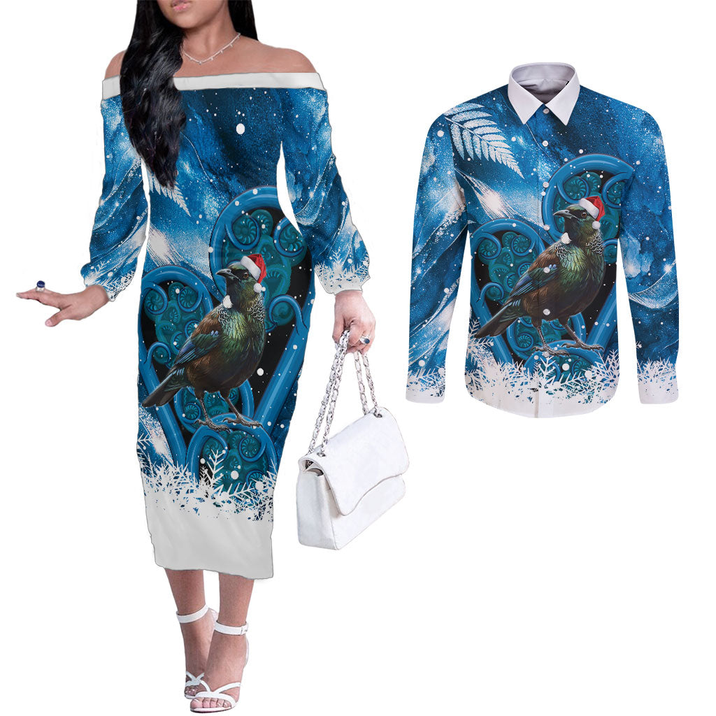 Tui Bird New Zealand Christmas In July Couples Matching Off The Shoulder Long Sleeve Dress and Long Sleeve Button Shirt NZ Aroha Koru Fern Marble Vibes