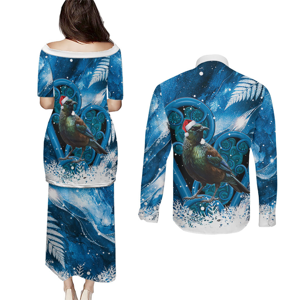 Tui Bird New Zealand Christmas In July Couples Matching Puletasi and Long Sleeve Button Shirt NZ Aroha Koru Fern Marble Vibes LT14 - Polynesian Pride