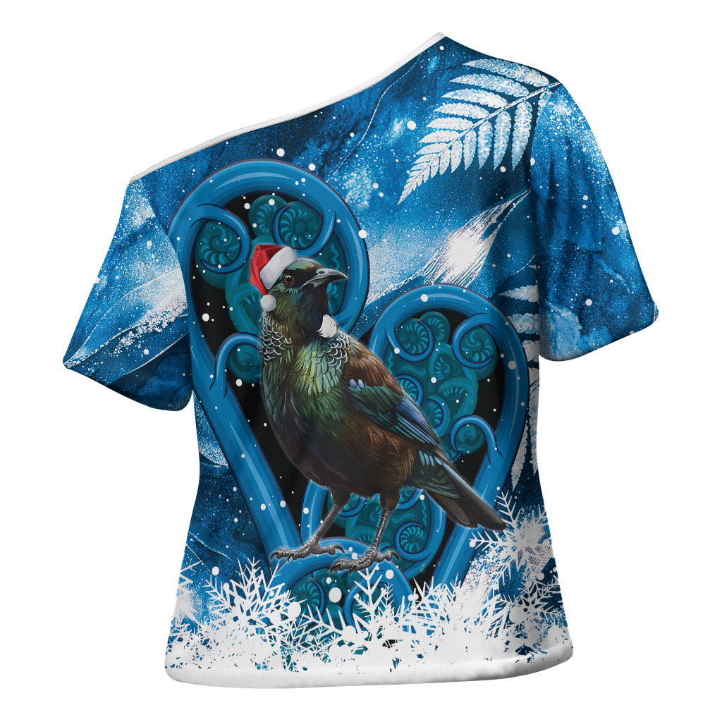 Tui Bird New Zealand Christmas In July Cross Shoulder Shirt NZ Aroha Koru Fern Marble Vibes LT14 - Polynesian Pride