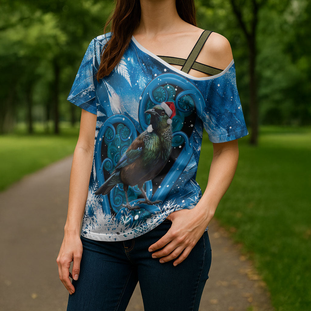 Tui Bird New Zealand Christmas In July Cross Shoulder Shirt NZ Aroha Koru Fern Marble Vibes LT14 - Polynesian Pride