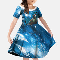 Tui Bird New Zealand Christmas In July Family Matching Long Sleeve Bodycon Dress and Hawaiian Shirt NZ Aroha Koru Fern Marble Vibes LT14 Daughter's Dress Blue - Polynesian Pride