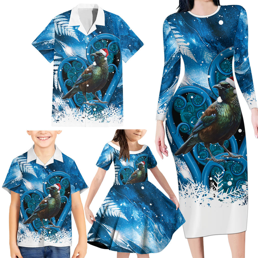 Tui Bird New Zealand Christmas In July Family Matching Long Sleeve Bodycon Dress and Hawaiian Shirt NZ Aroha Koru Fern Marble Vibes LT14 - Polynesian Pride