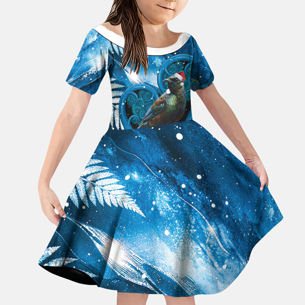 Tui Bird New Zealand Christmas In July Family Matching Mermaid Dress and Hawaiian Shirt NZ Aroha Koru Fern Marble Vibes LT14 Daughter's Dress Blue - Polynesian Pride