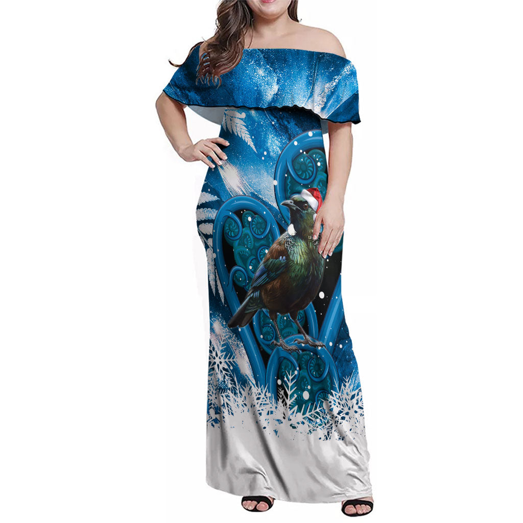 Tui Bird New Zealand Christmas In July Family Matching Off Shoulder Maxi Dress and Hawaiian Shirt NZ Aroha Koru Fern Marble Vibes LT14 Mom's Dress Blue - Polynesian Pride