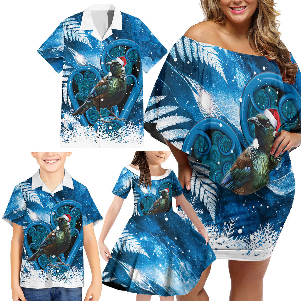 Tui Bird New Zealand Christmas In July Family Matching Off Shoulder Short Dress and Hawaiian Shirt NZ Aroha Koru Fern Marble Vibes