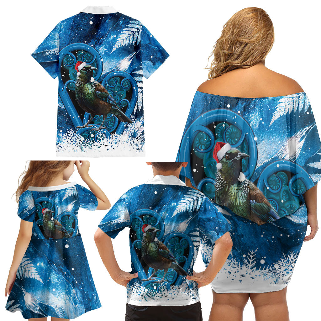 Tui Bird New Zealand Christmas In July Family Matching Off Shoulder Short Dress and Hawaiian Shirt NZ Aroha Koru Fern Marble Vibes LT14 - Polynesian Pride