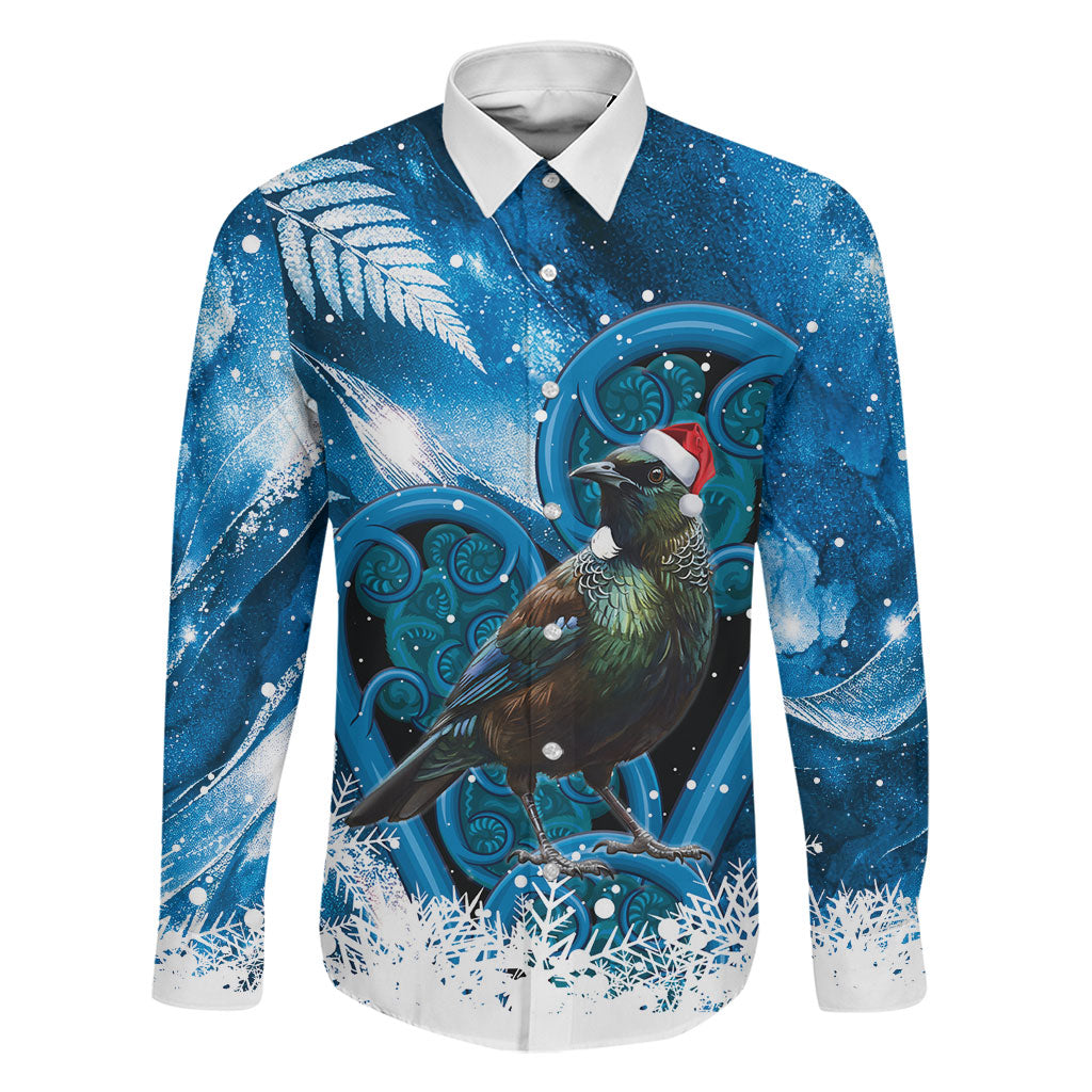 Tui Bird New Zealand Christmas In July Family Matching Off Shoulder Short Dress and Hawaiian Shirt NZ Aroha Koru Fern Marble Vibes LT14 Dad's Shirt - Long Sleeve Blue - Polynesian Pride