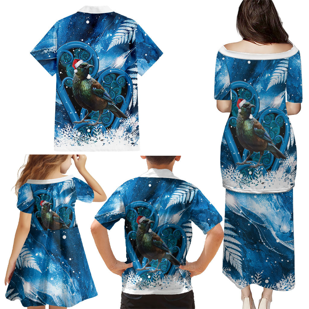 Tui Bird New Zealand Christmas In July Family Matching Puletasi and Hawaiian Shirt NZ Aroha Koru Fern Marble Vibes LT14 - Polynesian Pride